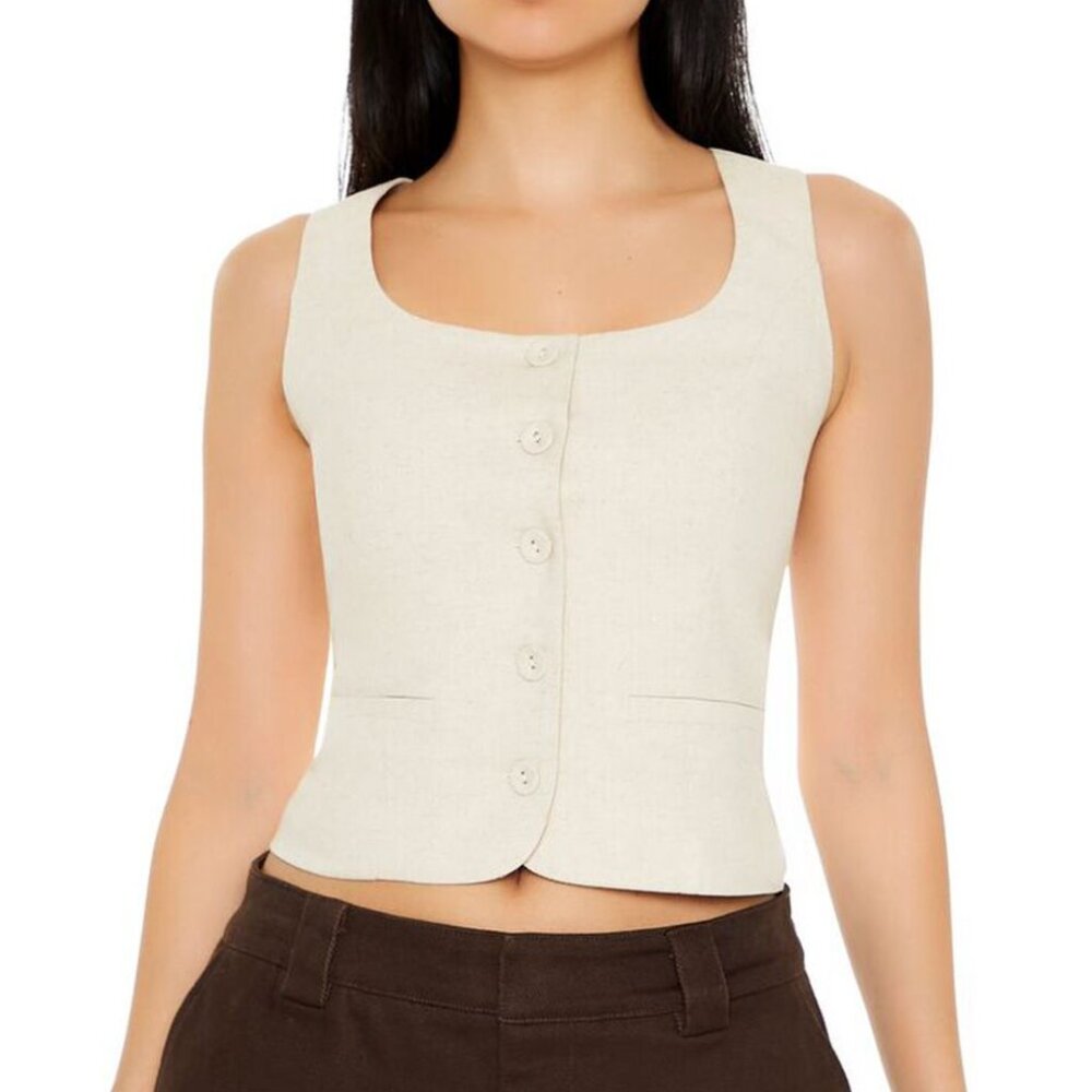 Forever 21 Small Oatmeal Sleeveless Button-Up Crop Top